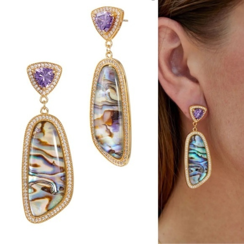 Savvy Cie Abalone 14k gold plated drop earrings NWT - Picture 2 of 7